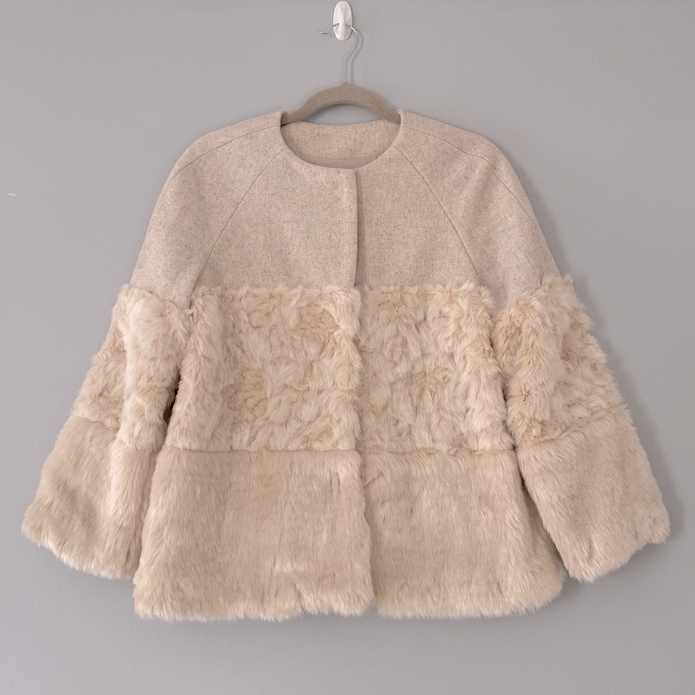 Mango wool blend snap button vegan fur coat oatmeal cream size small